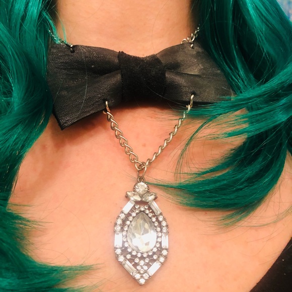 Killstar Jewelry - Black leather bow tie bling necklace